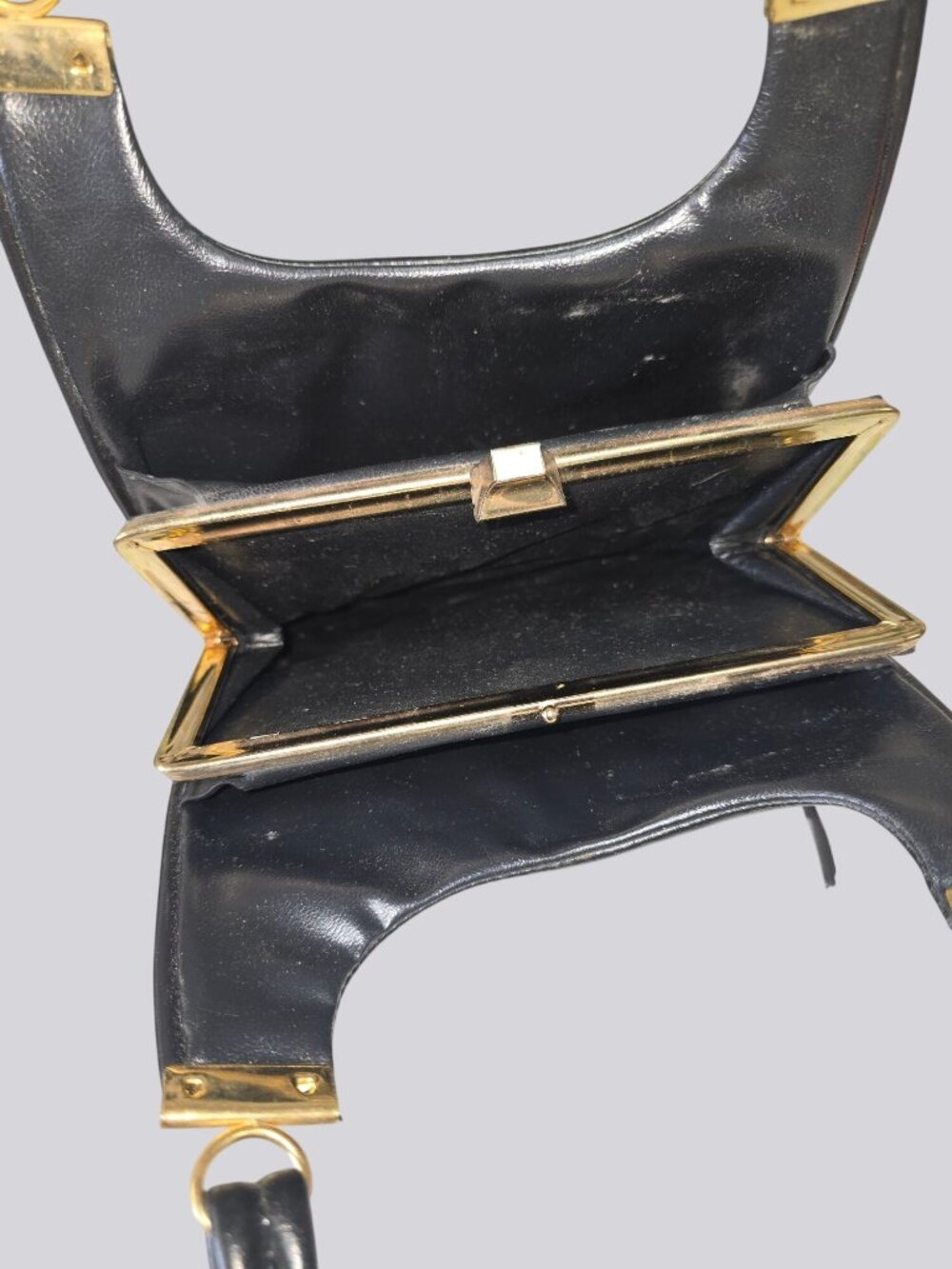 Vintage Black Leather Shoulder Bag Gold Accents & Dual Straps - Picture 7 of 15